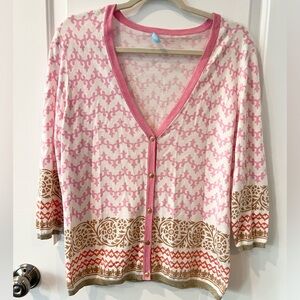 J. McLaughlin Sweater Cardigan Button Down Long Sleeve | Pink/white/gold | Large